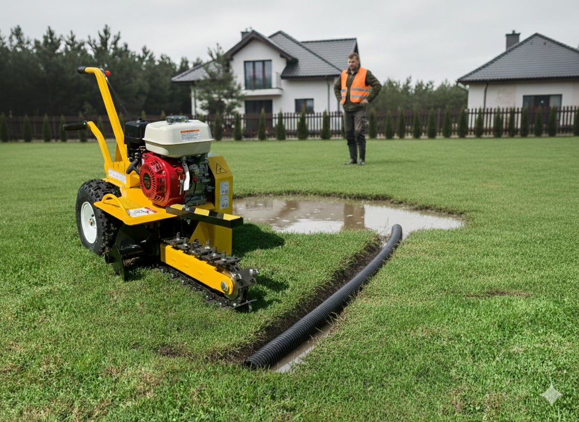 Zalany trawnik w Białymstoku. Jak uratować ogród dzięki drenażowi i koparce łańcuchowej